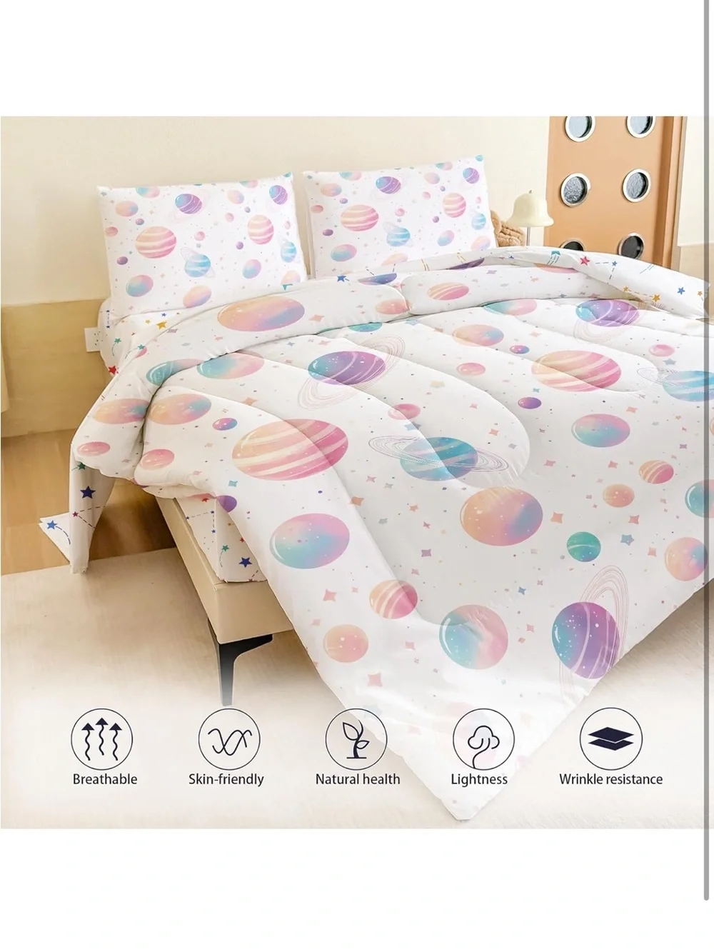 Full Space Bedding Set - 5 Piece Rocket Planet Comforter with Deep-Pocket Sheet